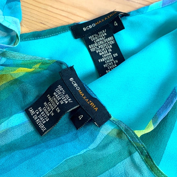 BCBGMaxAzria 100% silk skirt and sheer wrap top size 4 bright blues and greens. - Picture 4 of 7